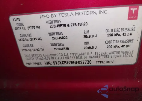 2016 Tesla Model X 60D/70D/75D/90D/P100D from USA, damaged, VIN 5YJXCBE26GF027730